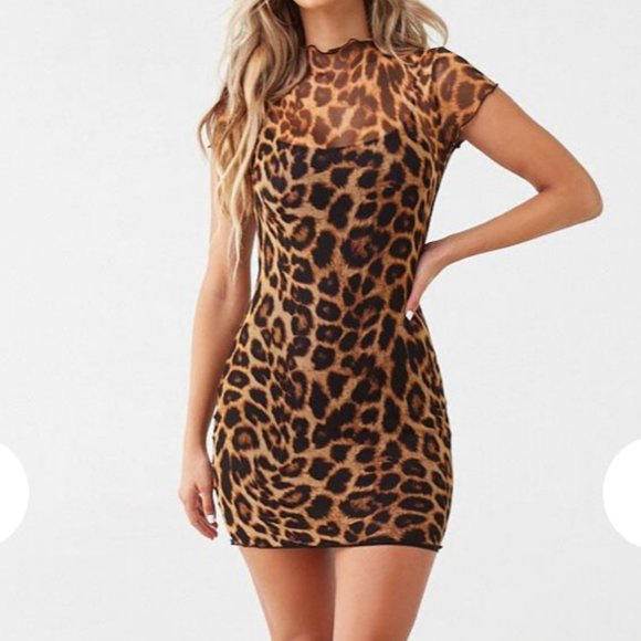 Sheer Mesh Leopard Bodycon Dress - Picture 1 of 5